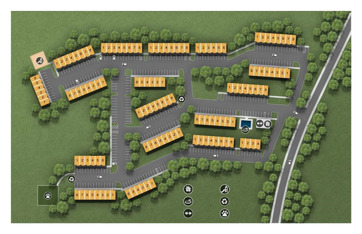 This exterior image shows well-maintained residential buildings with convenient parking spaces right outside. The scene includes green areas and hints of community amenities, suggesting a welcoming neighborhood ideal for business travelers seeking both accessibility and relaxation after work.